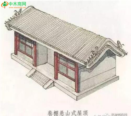 卷棚式屋顶也称元宝脊，其屋顶前后相连处不做成屋脊而做成弧线形的曲面