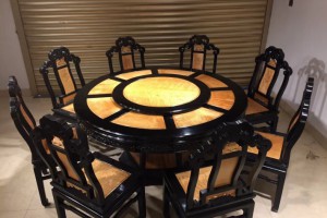 金丝楠木圆餐桌餐椅七件套黑檀木框架大叶帧楠桌面产品图1