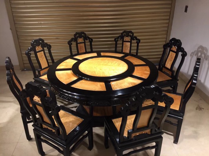 金丝楠木圆餐桌,圆台黑檀木框架大叶帧楠满花面板_价格优惠
