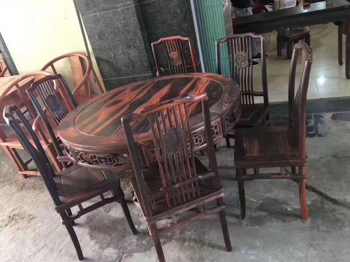 红木餐桌圆桌老挝大红酸枝木圆形圆桌交趾黄檀实木圆台桌椅组合
