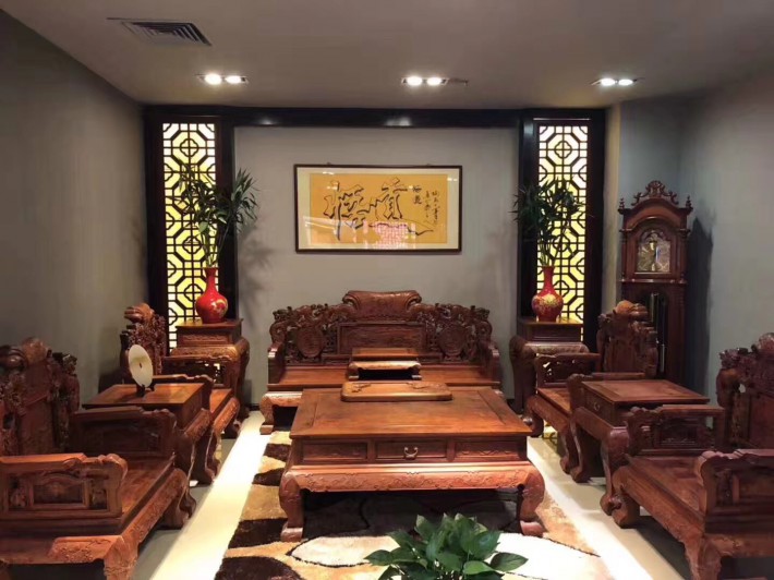 缅甸黄花梨沙发组合中式红木貔貅雕花明清古典家具大果紫檀实木飞天沙发