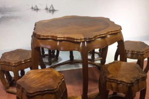 缅甸金丝楠木餐桌黄金楠直径1.13米梅花圆桌7件套休闲桌红木家具图片