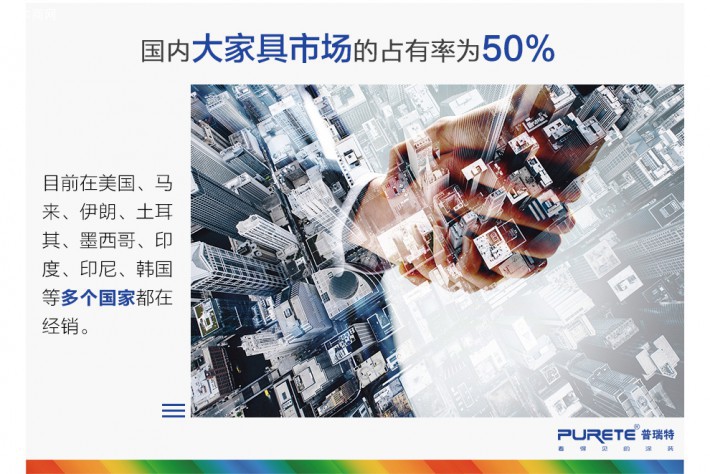 国内大家具市场的占有率为50%，目前在美国、马 来、伊朗、土耳 其、墨西哥、印 度、印尼、韩国等多个国家都在经销。