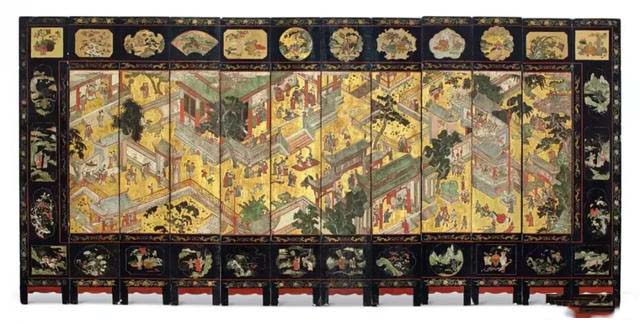 清康熙丙寅年(1686)款 彩十二扇人物图屏风
