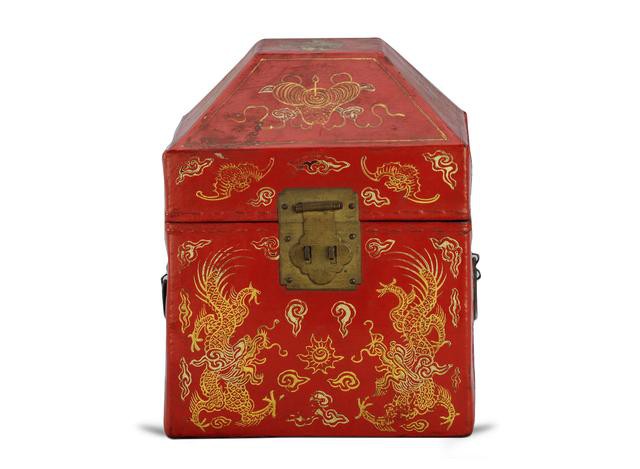 清中期 朱漆皮地描金双龙戏珠纹印盒