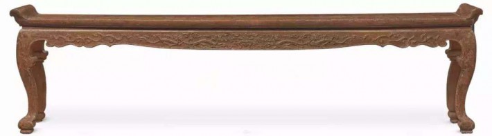 ▲明 铁力翘头长供桌 长3.68米，宽0.5米，高0.91米，独板厚面