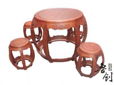 浙江工艺家具市场缅甸花梨木明轩鼓桌凳红木家具图片图5