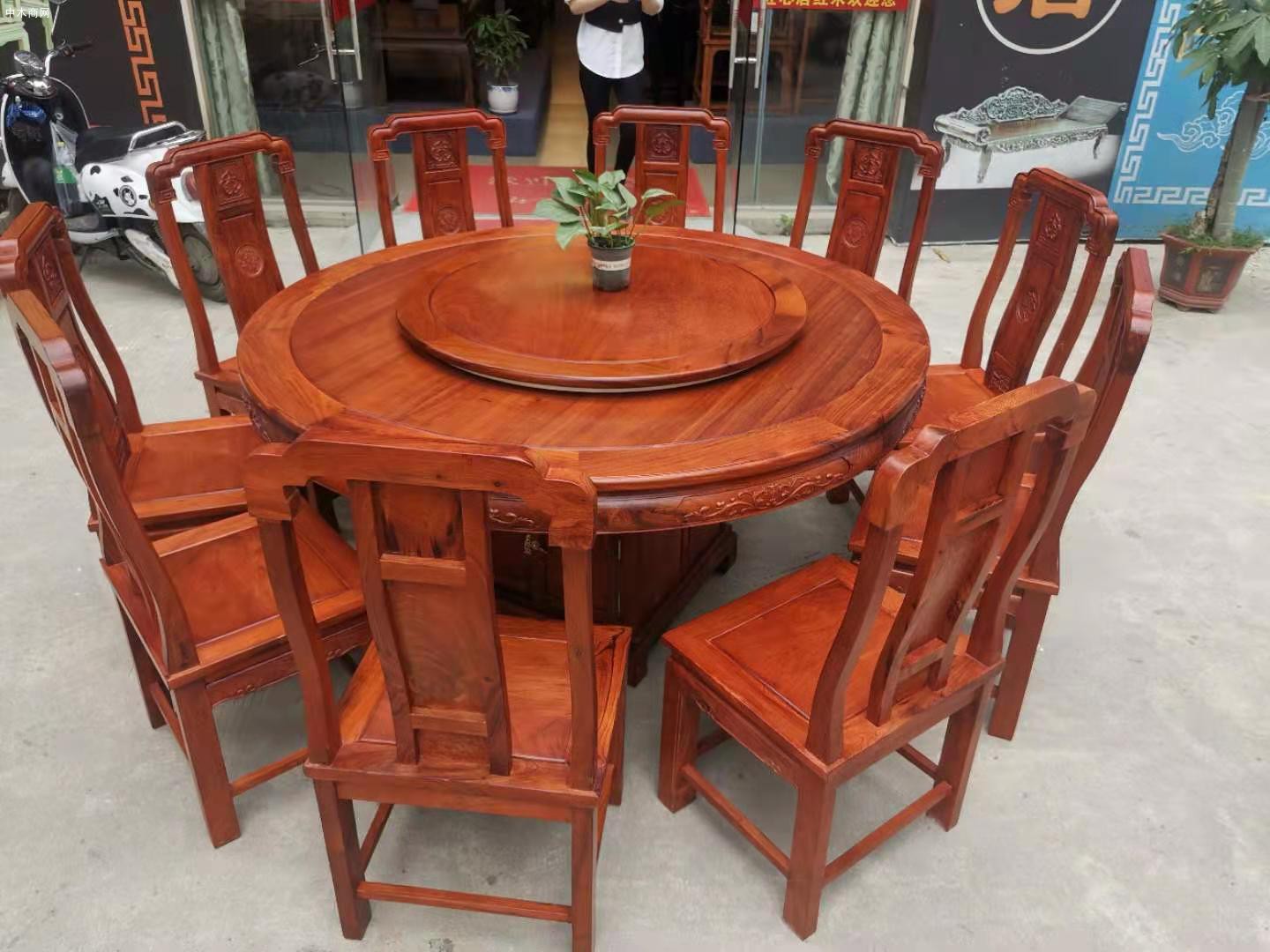1.6米缅甸花梨木圆台配10张国色天香椅厂家图片