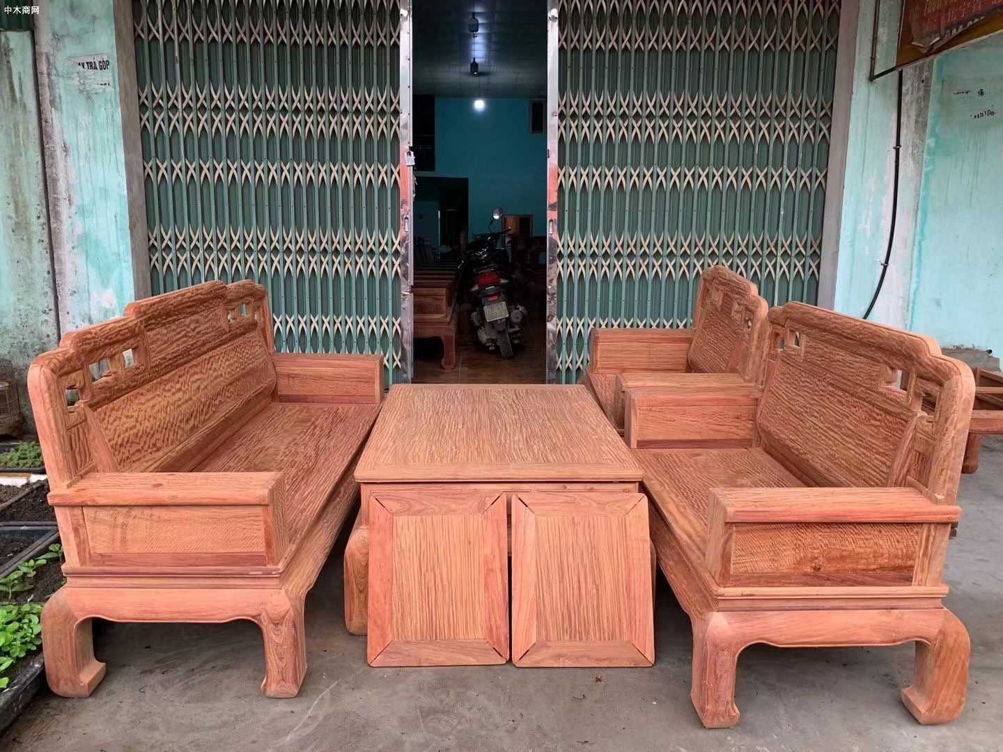 缅甸花梨满水波纹国色天香六件套沙发