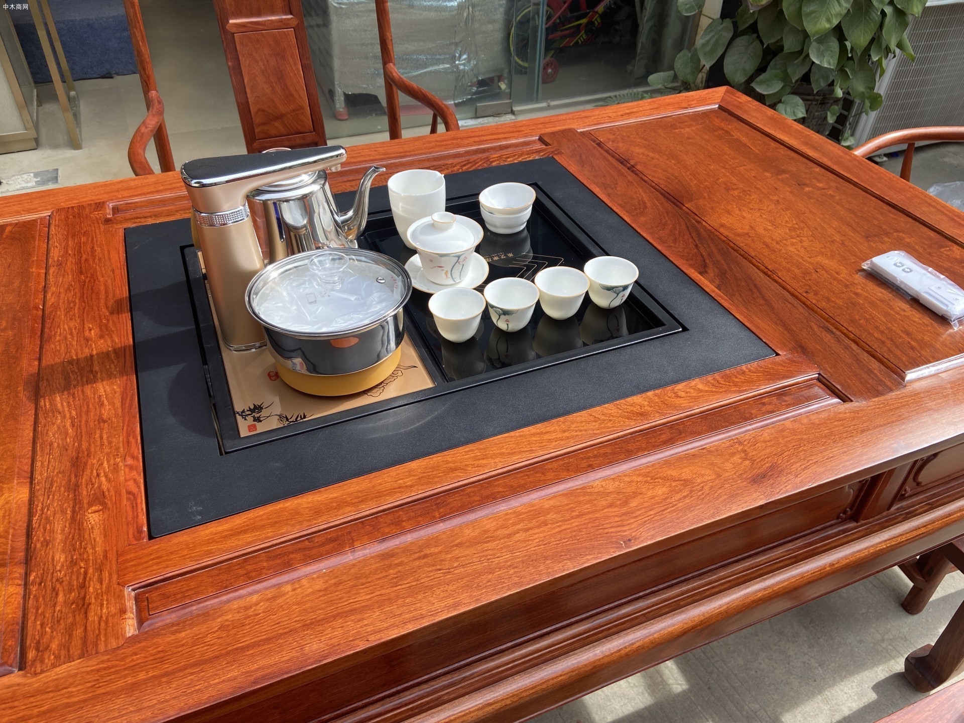 全自动缅甸花梨将军茶桌六件套图片生产厂家