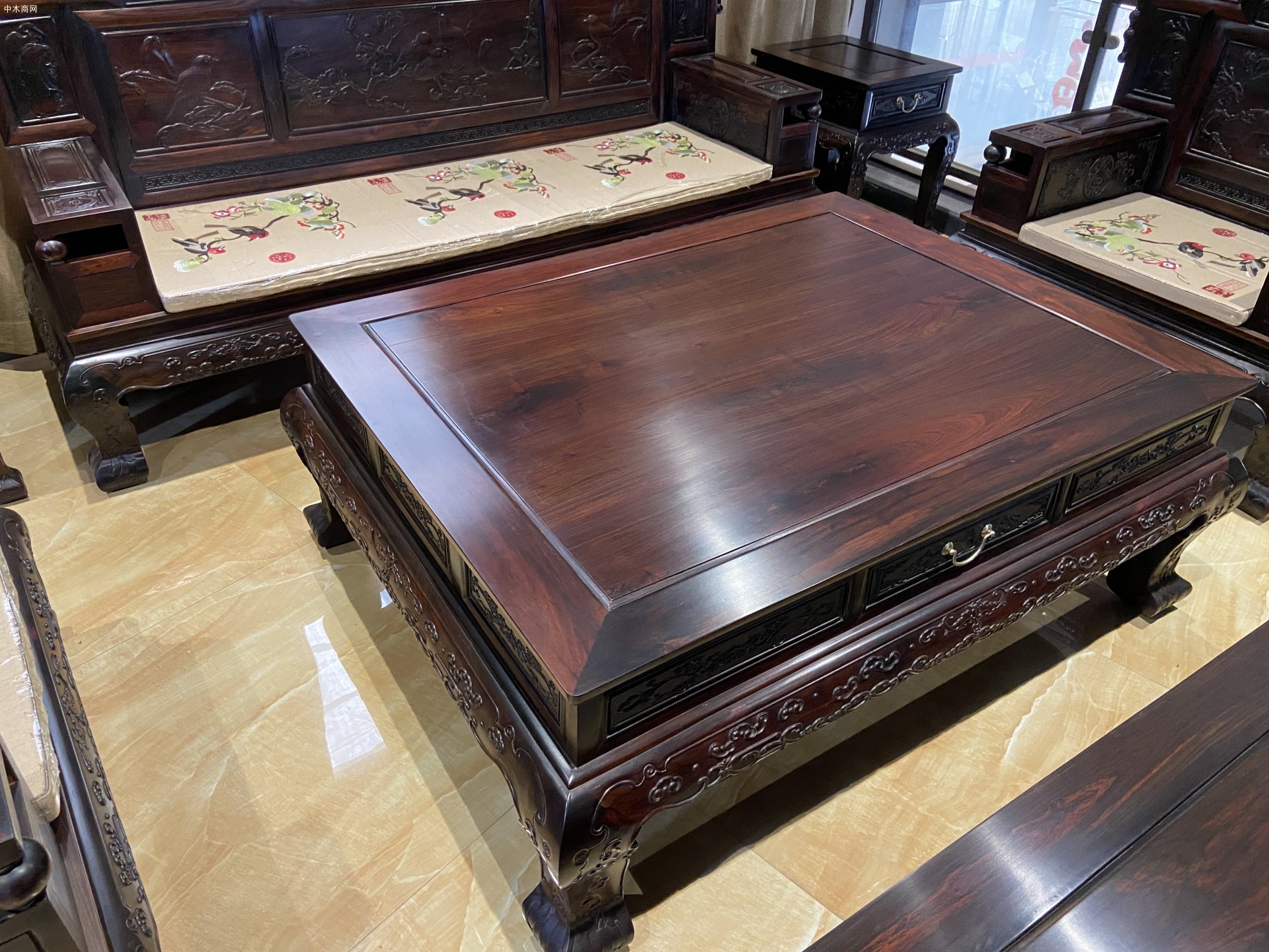 老挝大红酸枝红木家具客厅沙发组合七件套价格品牌