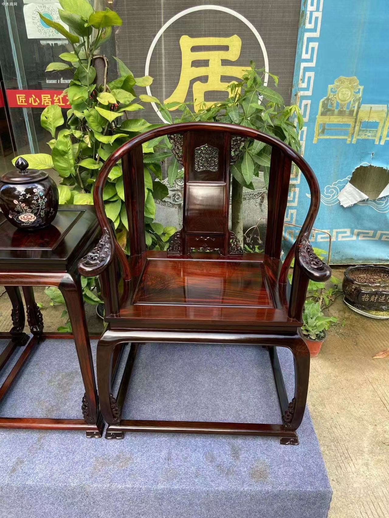 老挝大红酸枝精品皇宫椅三件套批发