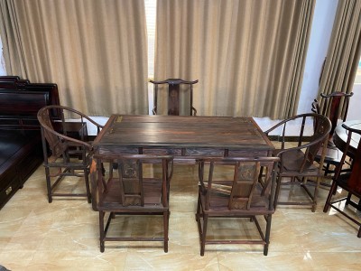 凭祥匠心居红木家具老挝大红酸枝明式茶台5椅1桌