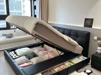 带抽屉带储物箱体头层牛皮大床