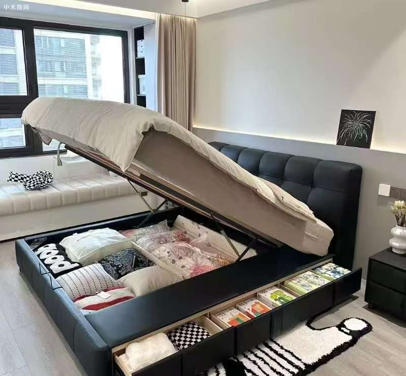 带抽屉带储物箱体头层牛皮大床
